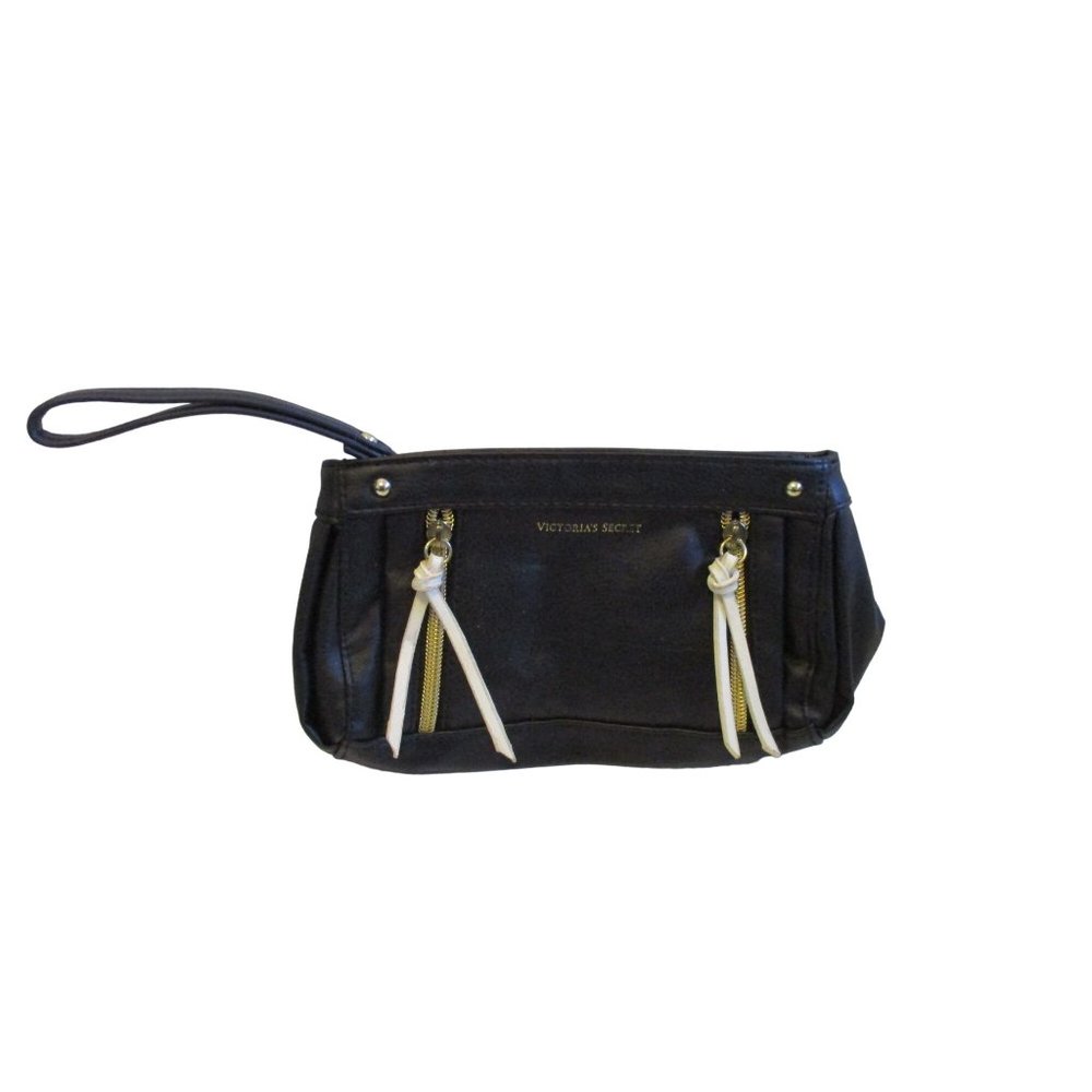 *Victoria Secret Black  Make-up Cosmetic Travel Clutch Mock Zip White Tassels